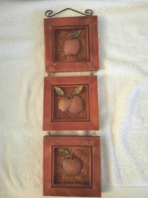 Wooden Hanging Wall Art Decor, Three Section With Metal Apple Decoration. 