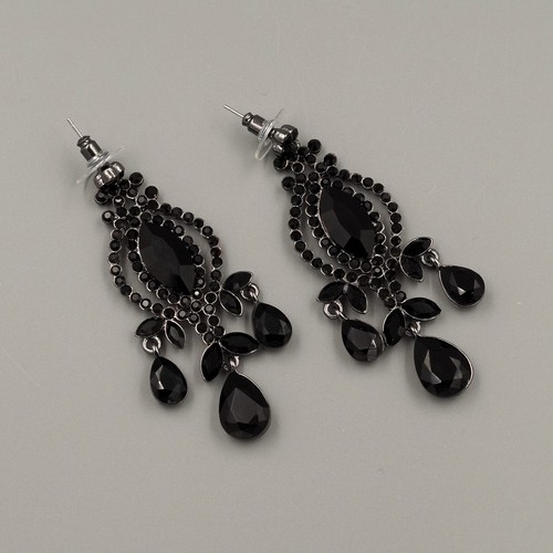 Women Black Jet Crystal Rhinestone Chandelier Drop Dangle Earrings 01257 Prom - Picture 4 of 5