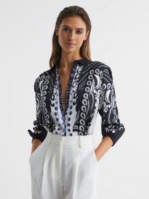 Reiss Damen rosa Schal bedruckt Shirt Top in Marineblau/Weiß UK Größe 8
