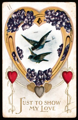 JUST TO SHOW MY LOVE Purple Flowers Birds Within Gold Heart Frame Vintage DB PC