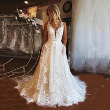 Boho Ivory Lace Wedding Dress A Line V Neck Backless Sweep Train Bridal Gowns