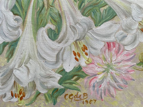 Natura morta floreale su tela di Cicely Glyn De Beer 1892-1973 firmata 1957 - Foto 2 di 2