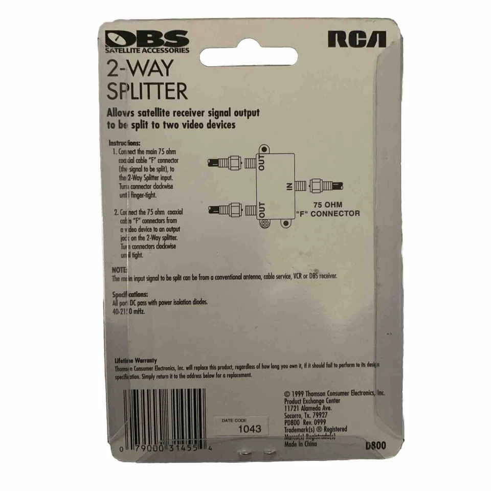 New RCA DBS Universal 2 Way Digital Satellite Splitter. D800-40-2150 MHz. NIP - Image 2 of 2