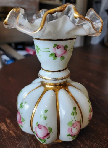 Vintage Fenton Charleton Rose 6 1/4" Vase Ruffle Top Pink Hand Painted