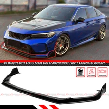 V2 Gloss Black Front Lip Splitter For 22-24 Honda Civic Type-R Conversion Bumper