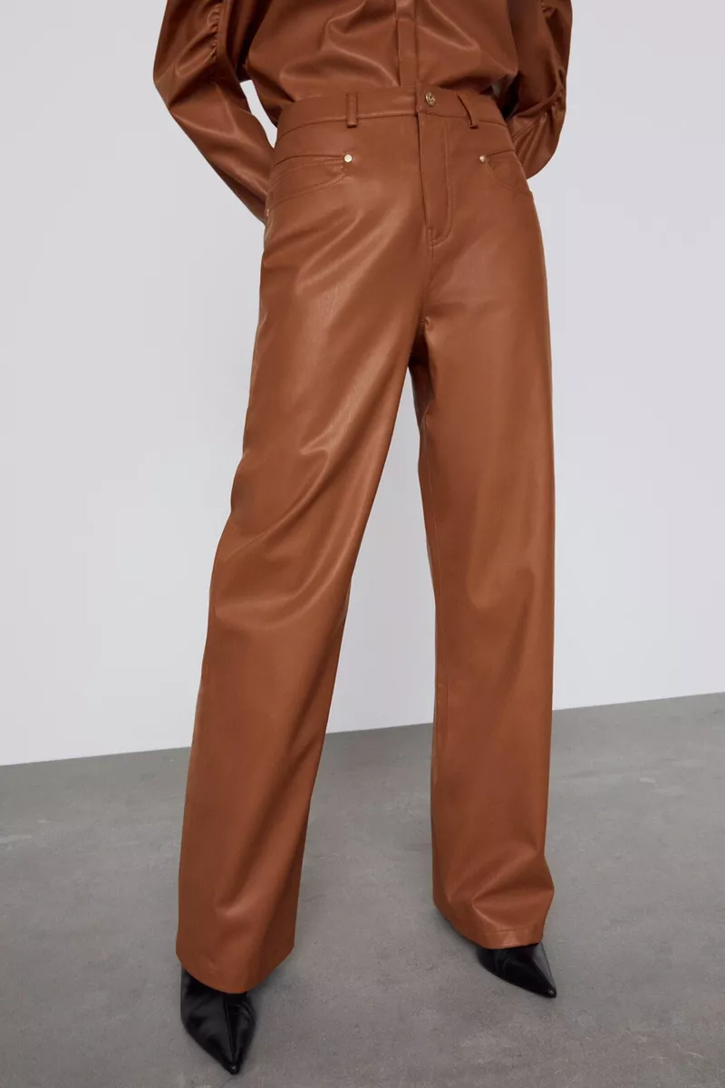 Zara Faux Leather Wide Leg Pants Whiskey 8741/226 Size 4