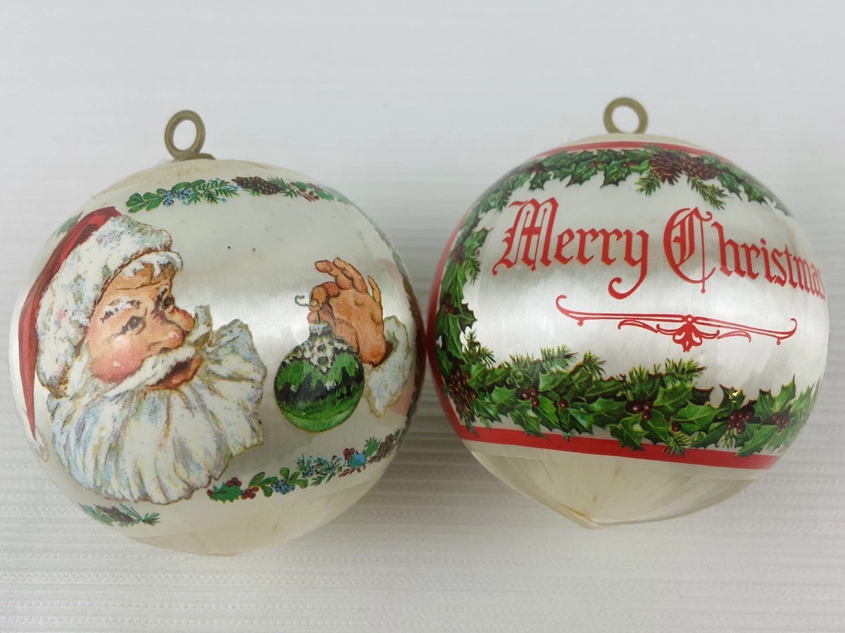 Vintage Christmas Ornaments 2pc Plastic Wrapped Silk Thread Balls Santa  Claus 3”