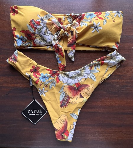 Zaful Knot Front Yellow Floral Bikini Bandeau 2 Piece Swimsuit Size Small NWT
