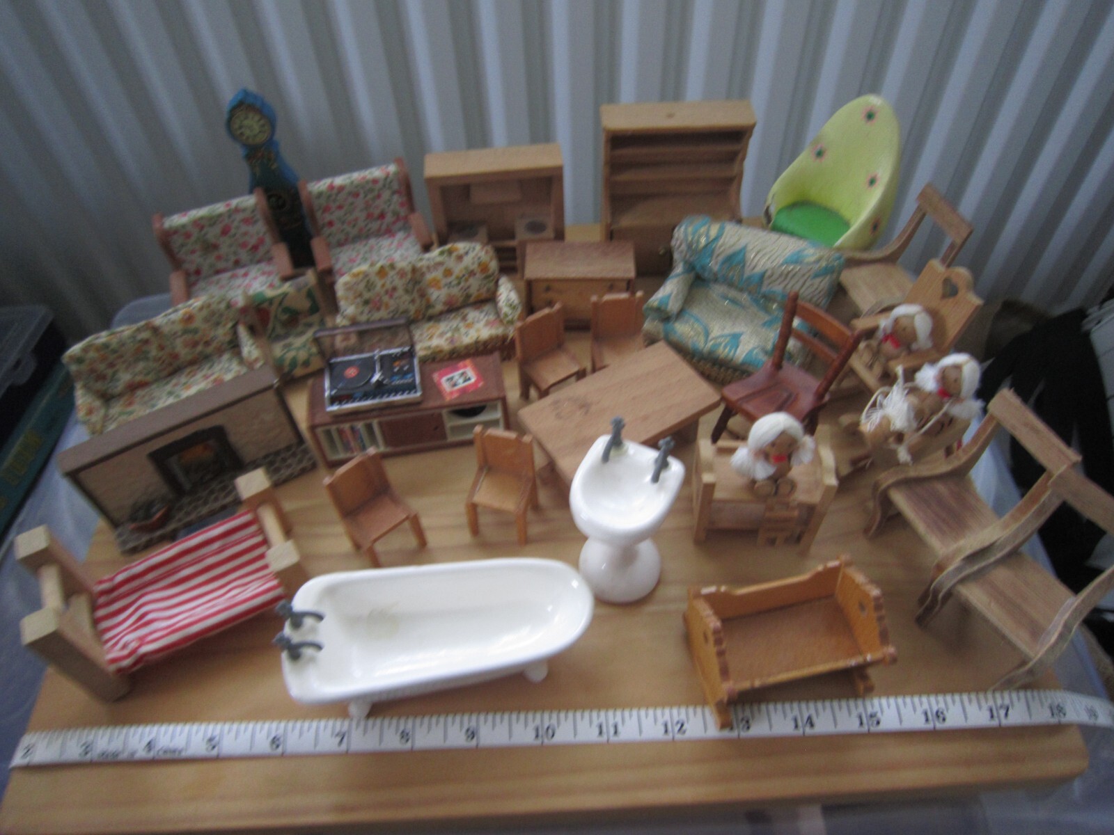 Dolls house furniture bundle, mixed materials and sizes, mostly vintage