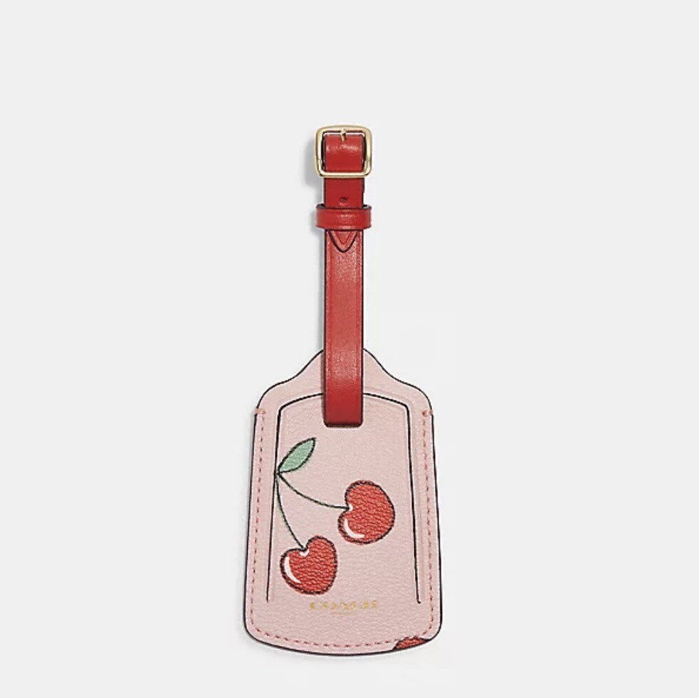 Coach Luggage Tag With Heart Cherry Print Pink CF366 NWT