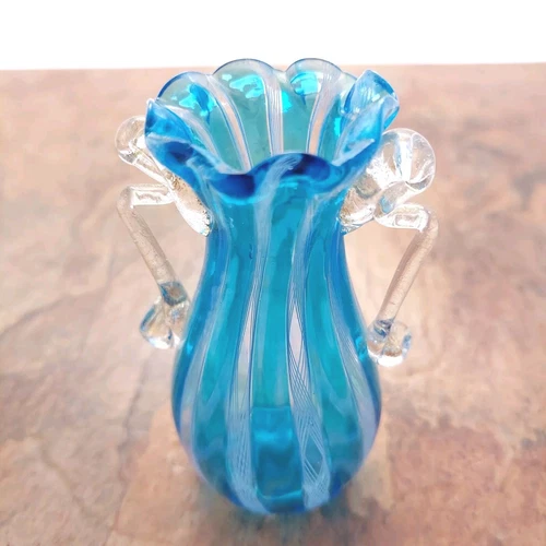 Vtg. Art Glass Mini Vase Murano Sommerso Striped Blue Gold Clear Handled 4in.