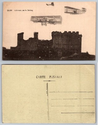 Salon-de-Provence France Aviators Over Chateau Biplanes RPPC Postcard c1910s