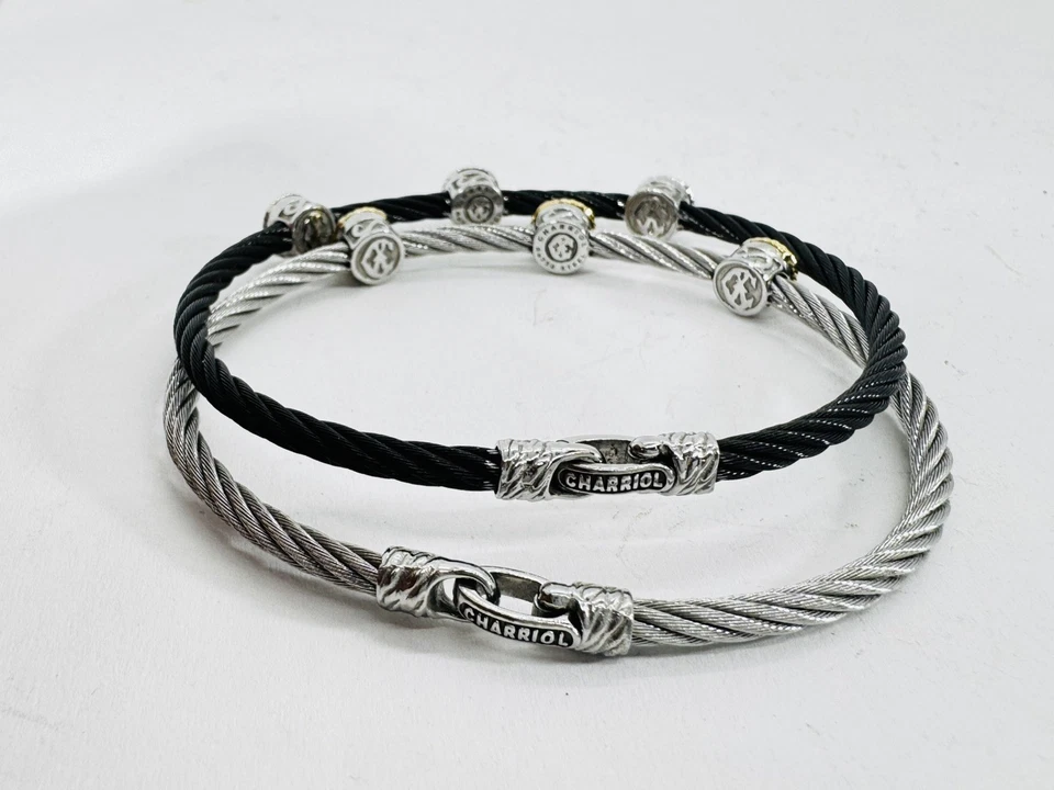 PULSERAS CABLE TOPACIO ACERO NEGRO ORO AMARILLO Y BLANCO 18K PHILLIPE CHARRIOL Foto 4 de 4