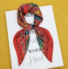   New Elegant Bandana Square Scarf Silky Satin Red Floral Leaves Wrap Stylish  