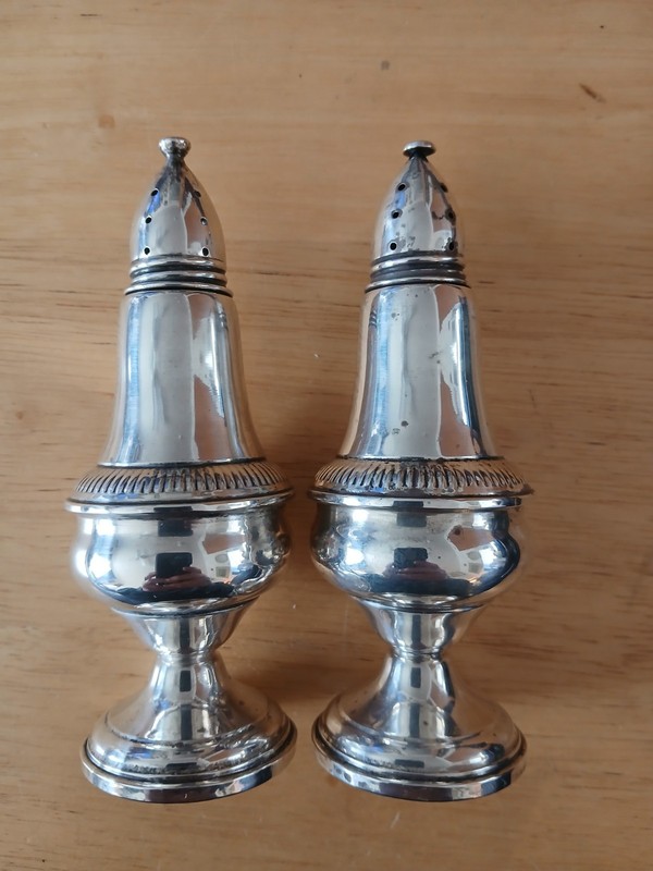 Sterling Silver Weighted Salt  Pepper Shakers-Columbia / Glass Inside / 360 Gram