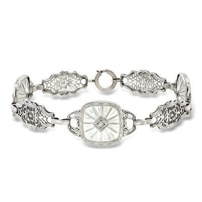 Vint Rock Crystal Openwork Station Brclt w Diamonds in Platinum 7.25 inches