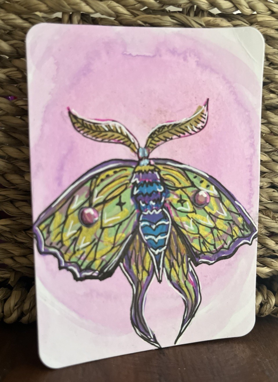 ACEO Original Celestial Moth painting OOAK Cottagecore Insect Art ATC Watercolor