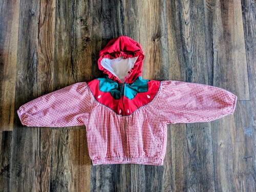 Vtg 1980s Carters Strawberry Jacket Toddler 5/6 Windbreaker Gingham Red White 
