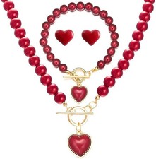 Red Love Heart Earrings Necklace Bracelet and Ring Jewelry Set