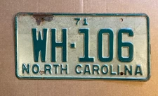 1971 NORTH CAROLINA license plate WH-106
