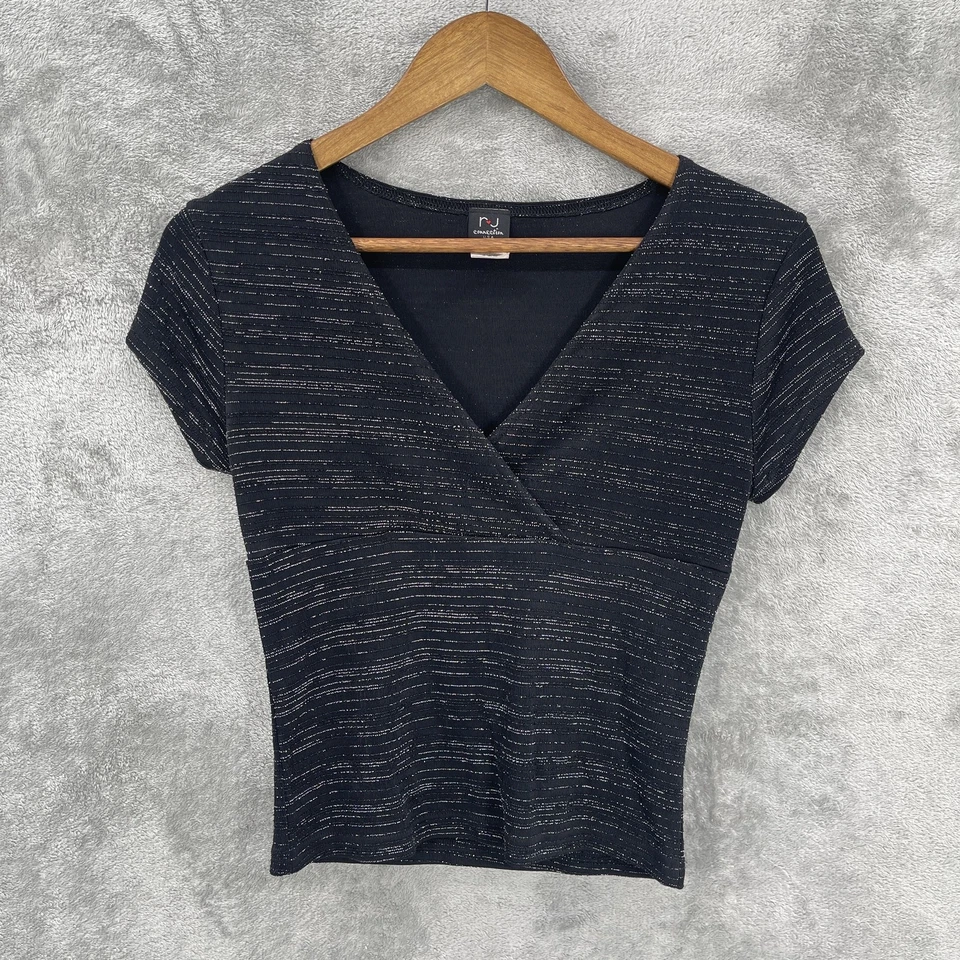 Camisa feminina Y2K RJ Connection envoltório falso tamanho M preta anos 90 ajustada metálica EUA - Imagem 3 de 4