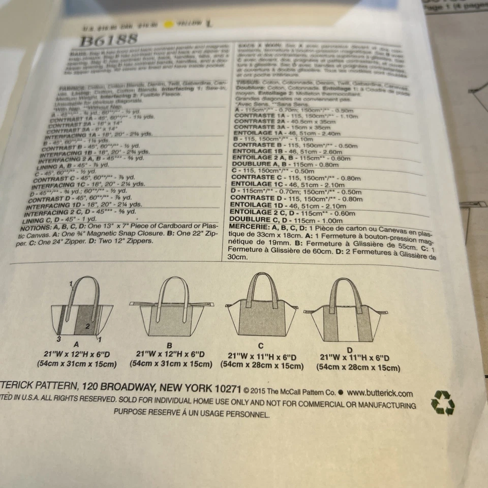 Butterick B6188 4 variations totes market bags snap or zipper closure NIP UNCUT - Image 3 of 4