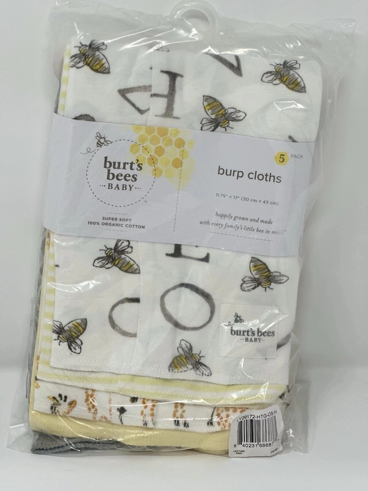 Burt's Bees Baby 5 Pack Organic Cotton Burp Cloth Set Yellow Grey Gray Alphabet