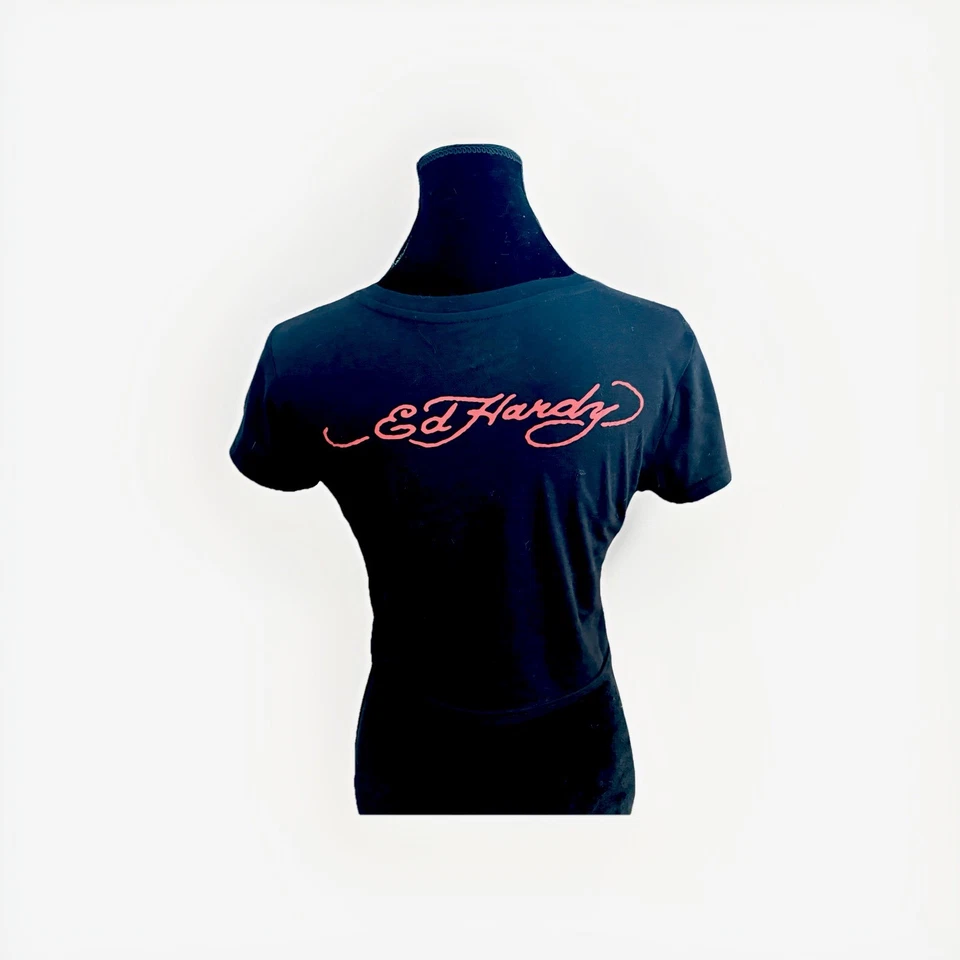 Camiseta Ed Hardy Para Mujer Recortada Gráfica Negra M Estrás Tigre Y2K McBling Foto 2 de 4
