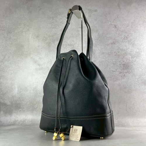 LOEWE Anagram Leather Shoulder Bag Black Drawstring Vintage Rare Authentic Used