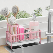Pink Sponge Holder for Kitchen Sink, Sink Caddy Organizer with High Brush Holder