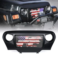 Matte Black Steel Mesh Front Grille w/USA Flag for 1997-2006 Jeep Wrangler TJ LJ