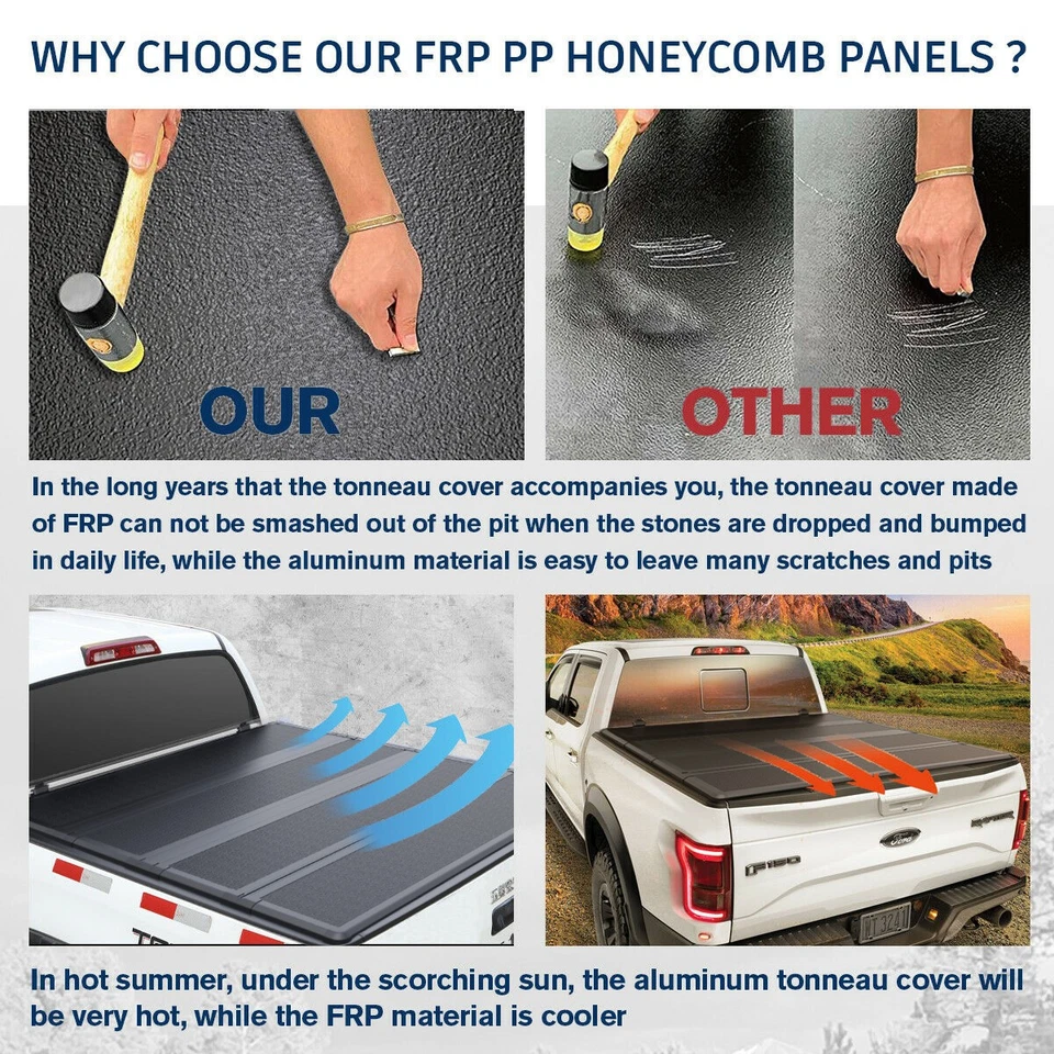 6.5/6.6FT 4-Fold Hard Solid Truck Bed FRP Tonneau Cover For 2004-2014 Ford F-150 - Image 4 of 4