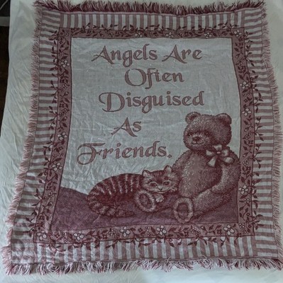 Vintage Woven Throw Blanket Teddy Bear Cat Angels Are Often Disguised 47x52