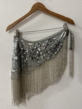 Unbranded Belly Dance Hip Scarf Women OS Silver EUC Sequin Beaded Fringe Wrap