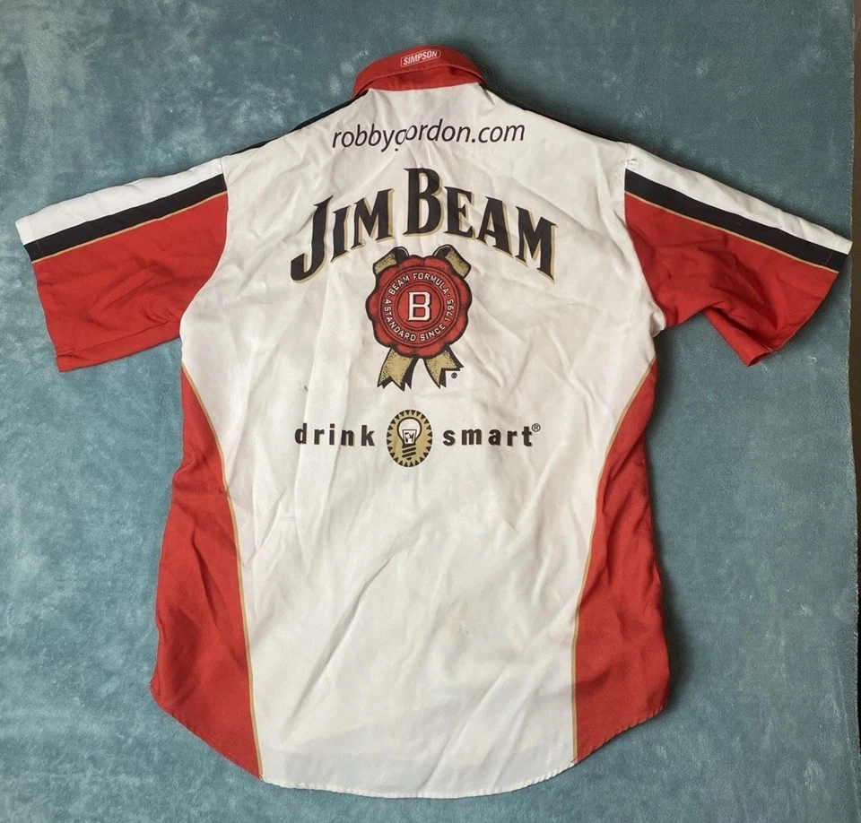 Camisa Robby Gordon Nascar Auto Racing Pit Crew Jim Beam vermelha masculina grande feita nos EUA - Imagem 2 de 4