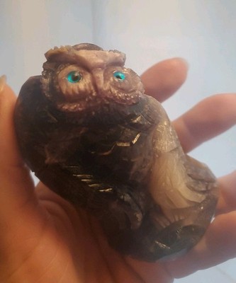 Carved Silk Fluorite Owl Bird Crystal Figure