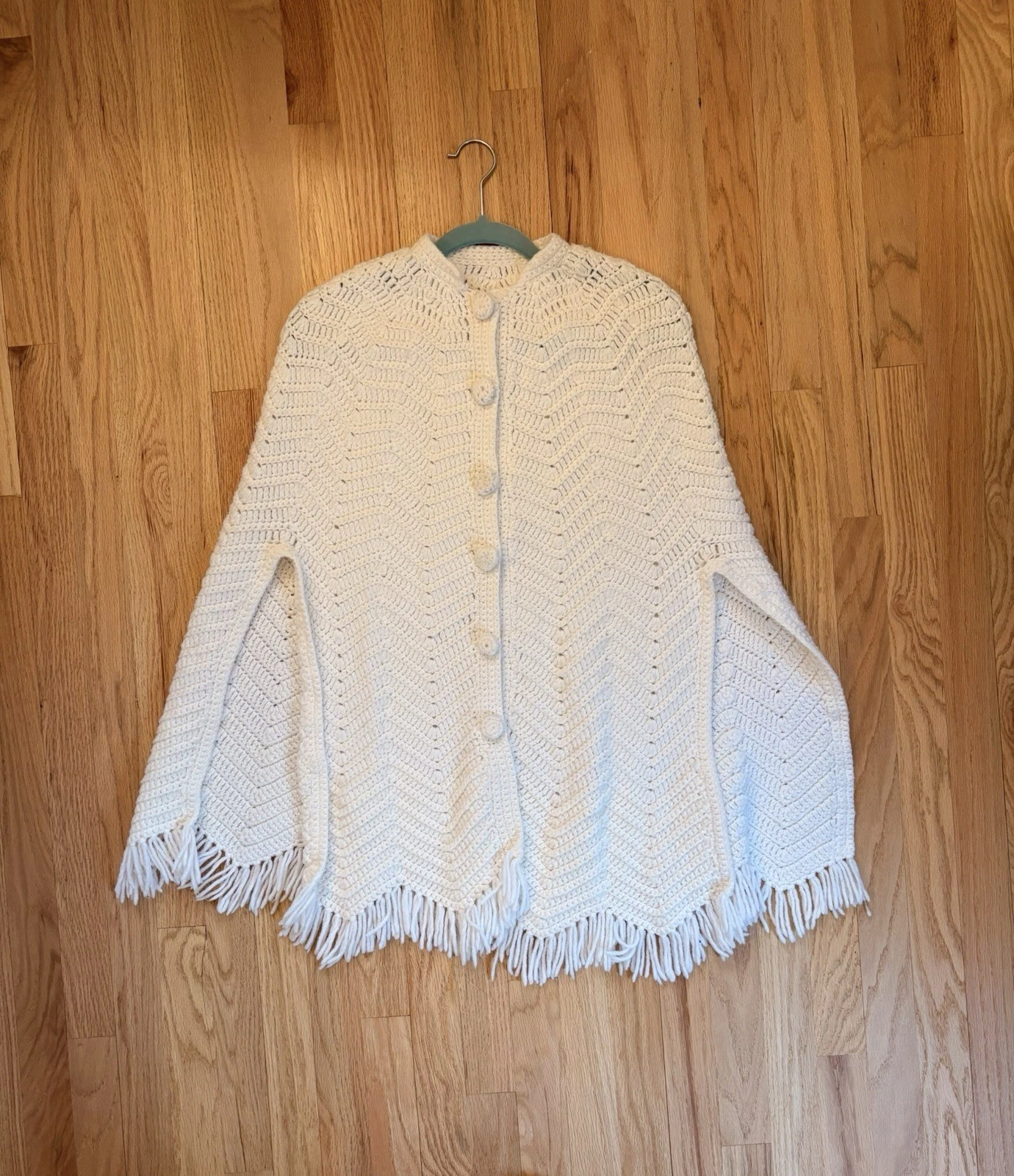 Crocheted White Knit Poncho With Fringe Boho Buttons Festival One Size