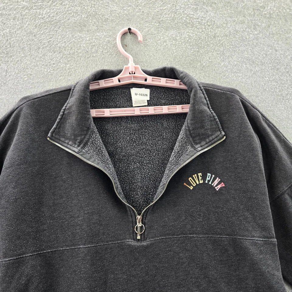 PINK Victoria's Secret Women Sweatshirt L Charcoal Gray Embroidered Graphic - Image 4 of 4