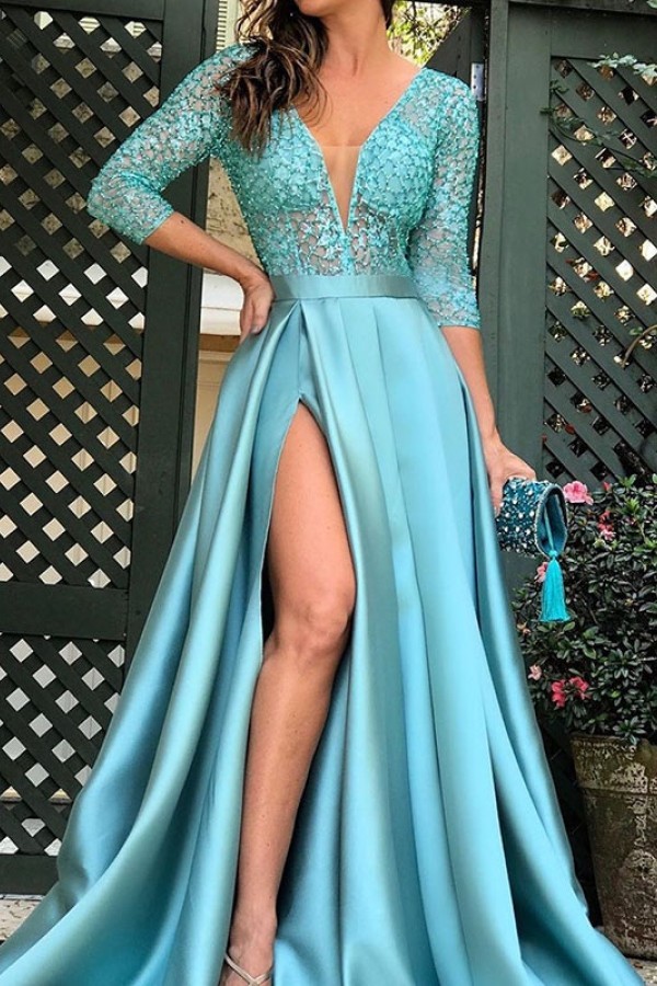 aqua blue plus size dress Floor-Length Lace Split Satin Maxi XXL Perfect A Line Dress channel: Faire 44 Waist Size:US 18