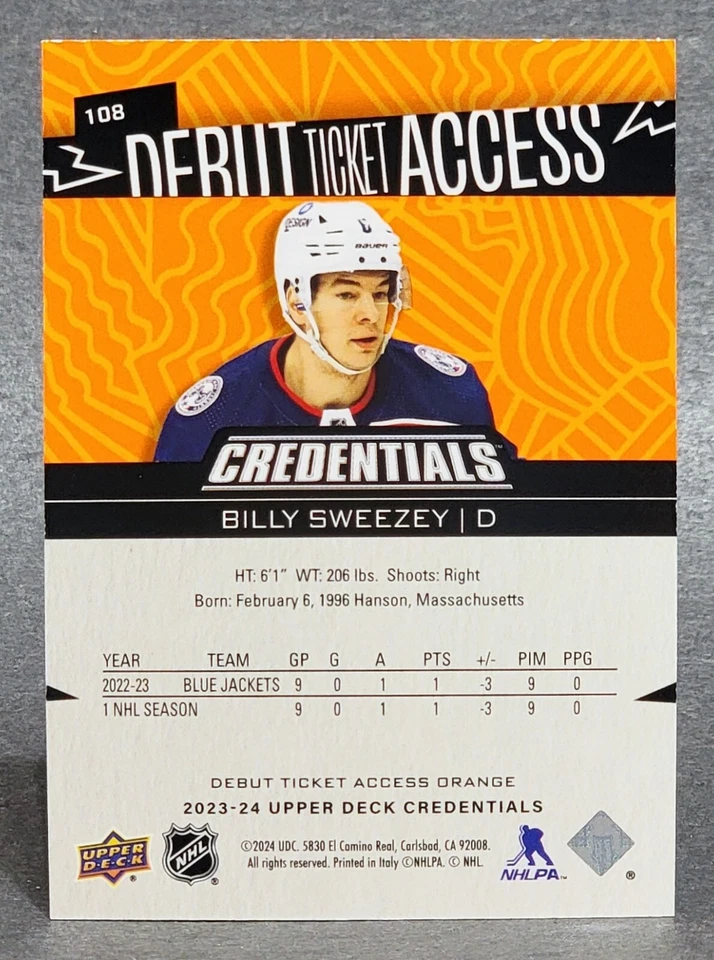 2023-24 Credentials Debut Ticket Access Orange #108 Billy Sweezey 24/249 - Image 2 of 2