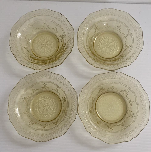 Vtg Federal Depression Glass Amber PATRICIAN SPOKE Set of 4 BERRY DESSERT BOWLS