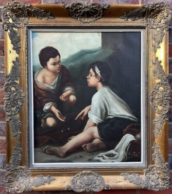 Van Riel van Riel antikes Ölgemälde zwei Kinder spielen Würfel Leinwand Art Deco