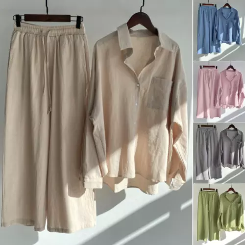 Women 2Pcs Cotton Linen Summer Blouse T Shirt Loose Pants Loungewear Outfit Set - Picture 3 of 40