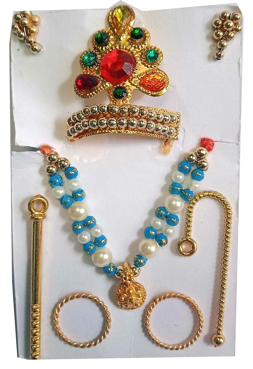 Handmade Golden Zircon Jewellery Set For Laddu Gopal - Mukut, Mala, Bangles Decorative Sringar Set (Size 2-3)
