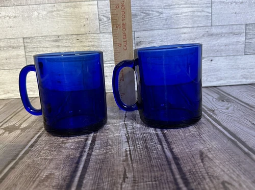 Arcoroc Cobalt Blue Glass Coffee Tea Mugs Set 2 France