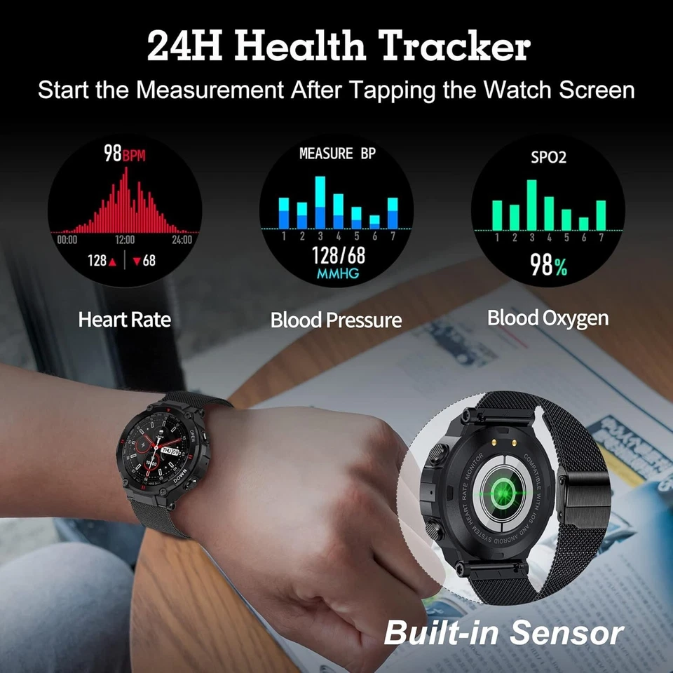 Reloj inteligente táctico resistente con pantalla HD de 1,3" - Bluetooth rastreador de llamadas y fitness Foto 4 de 4