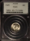 1945 P Mercury Dime, PCGS MS65, Gen 2.1 OGH, Missing Outer Ring, Lustrous Gem!