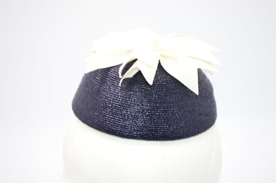 1950s Therese Aherns Lady s Union Made Navy Blue Straw Pillbox Beanie Hat