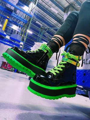 Black Patent Neon Green Platform Combat Lace Up Ankle Boots Demonia Womans  | eBay