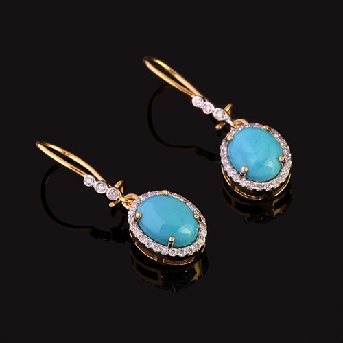 Turquoise Gemstone Diamond Pave Wedding Dangle Earrings 14K Yellow Gold Jewelry - Picture 5 of 8